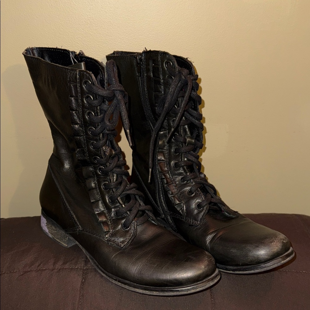 Betsey Johnson Lace-Up Ruffle Leather Combat Boots, black, 9